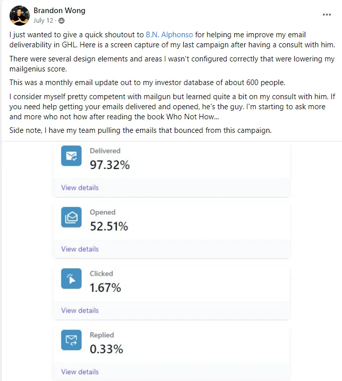 Brandon Wong — 97.32% delivered after consult with B.N. Alphonso