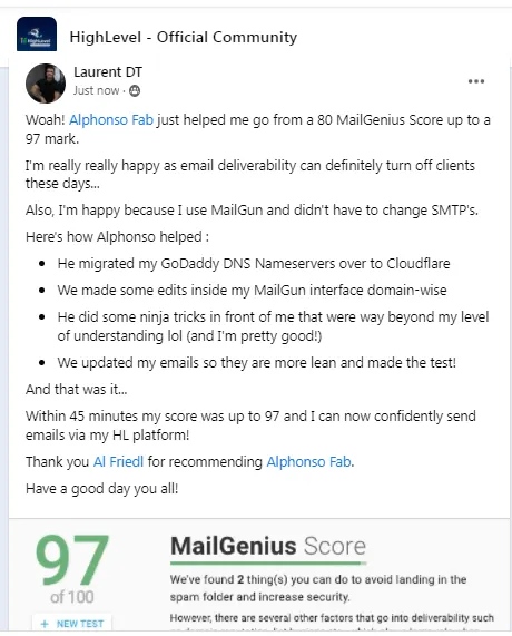 Laurent DT — MailGenius score jumped from 80 to 97