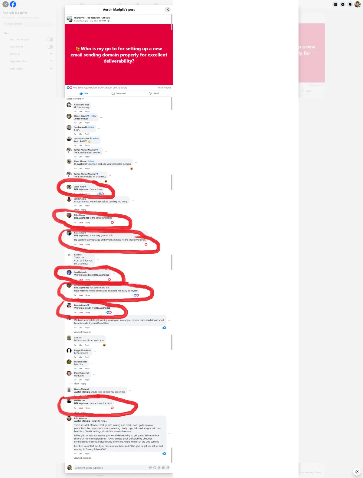 Community post — Multiple GHL users recommend B.N. Alphonso for email deliverability